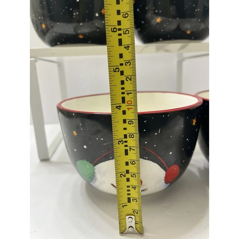 Christmas Snowman Bowls Ceramic Set Of 4 Black Background Multicolor 3.75x5.5
